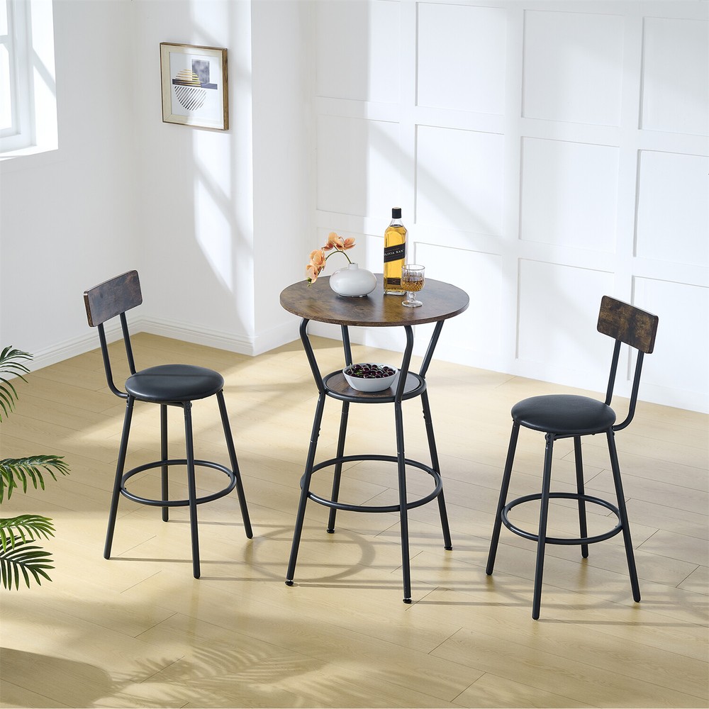 3 Piece Bar Table Set Counter Height Kitchen Table w/ 2 Upholstered Stools