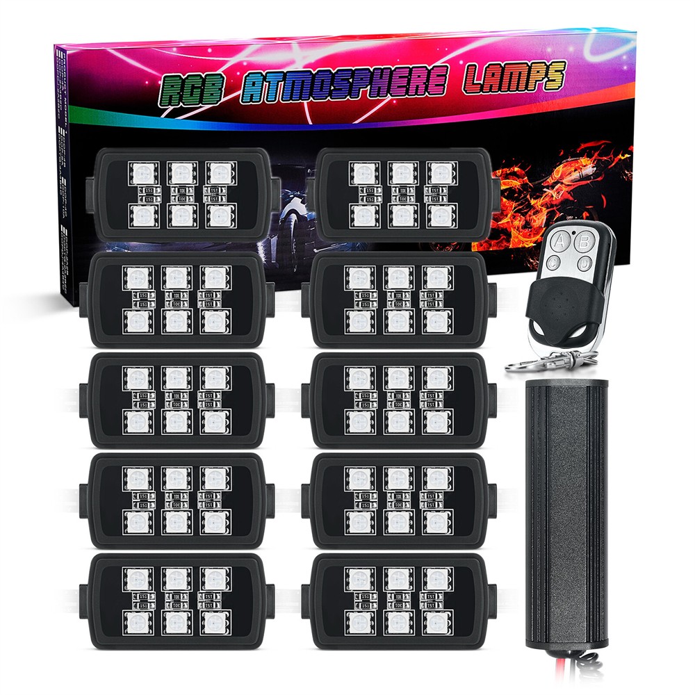 10pcs Multi-Color RGB Underglow LED Light Kit w/Remote Controller For Motorcycle