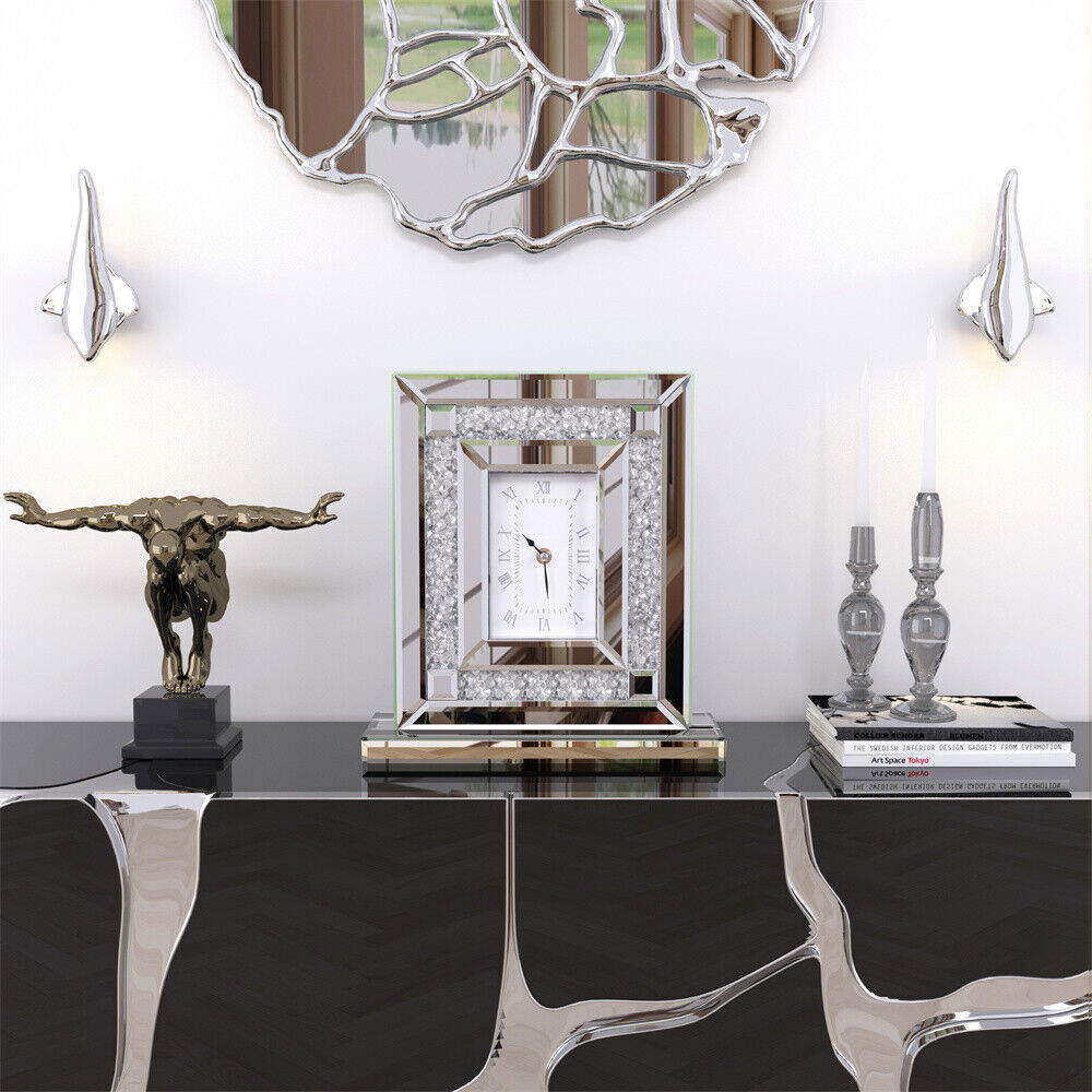 Luxury Mirror Desk Clock Crushed Diamond Table Clock Silver Glass Edge Frame