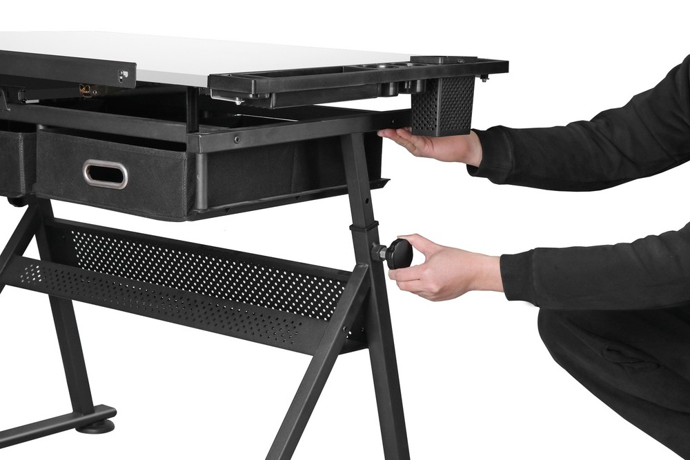 Adjustable Drafting Drawing Table Tiltable Tabletop w/ Stool & Outlet White