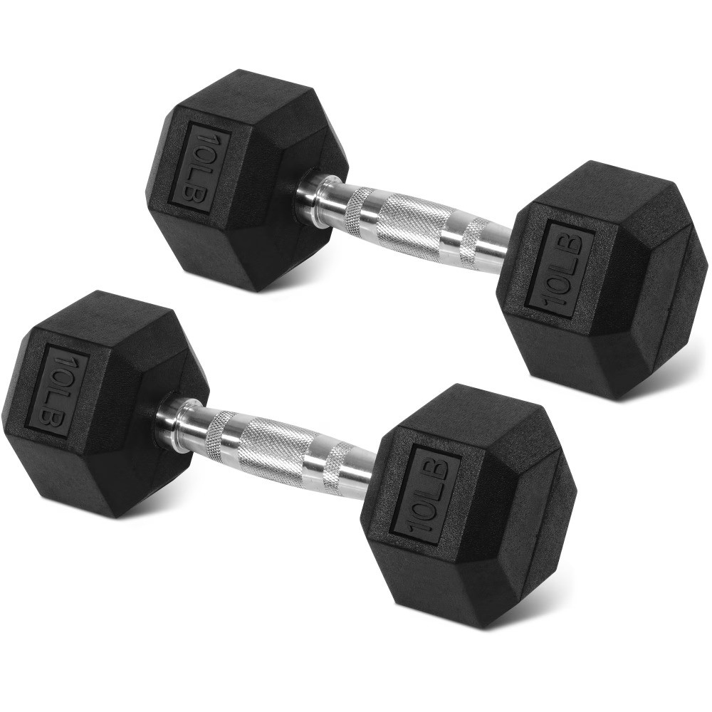 Rubber Encased Hex Dumbbells, 10 lbs Pair, Black