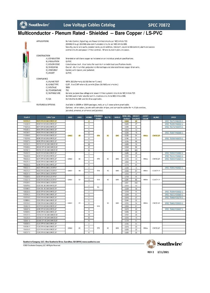 Southwire/Tappan 18/2C Plenum Stranded Shielded Security/Alarm Cable CMP /100ft