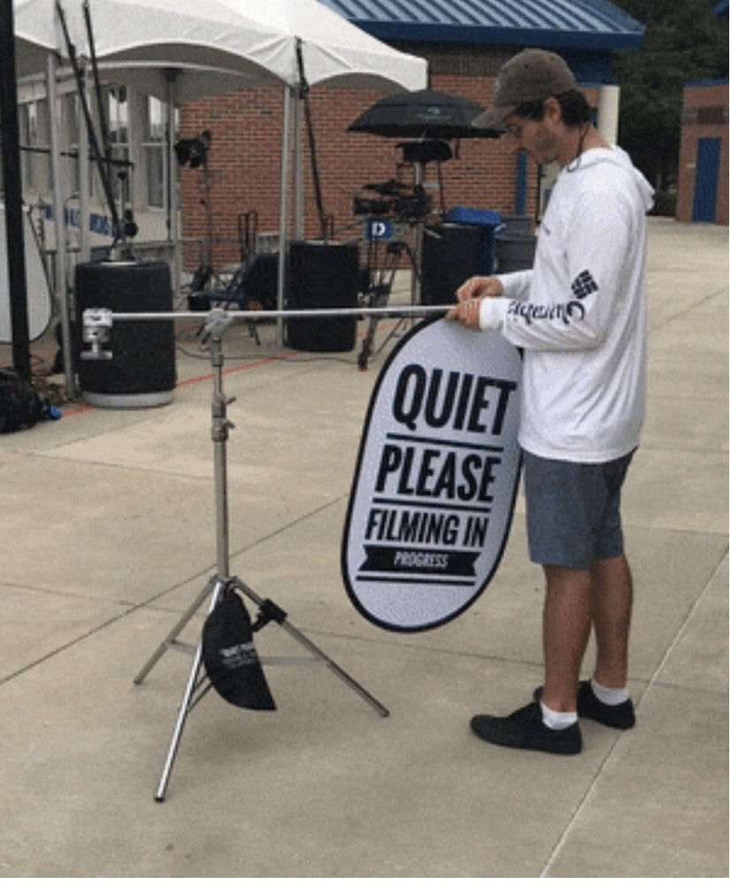 Large “Quiet Please Filming In Progress” sign