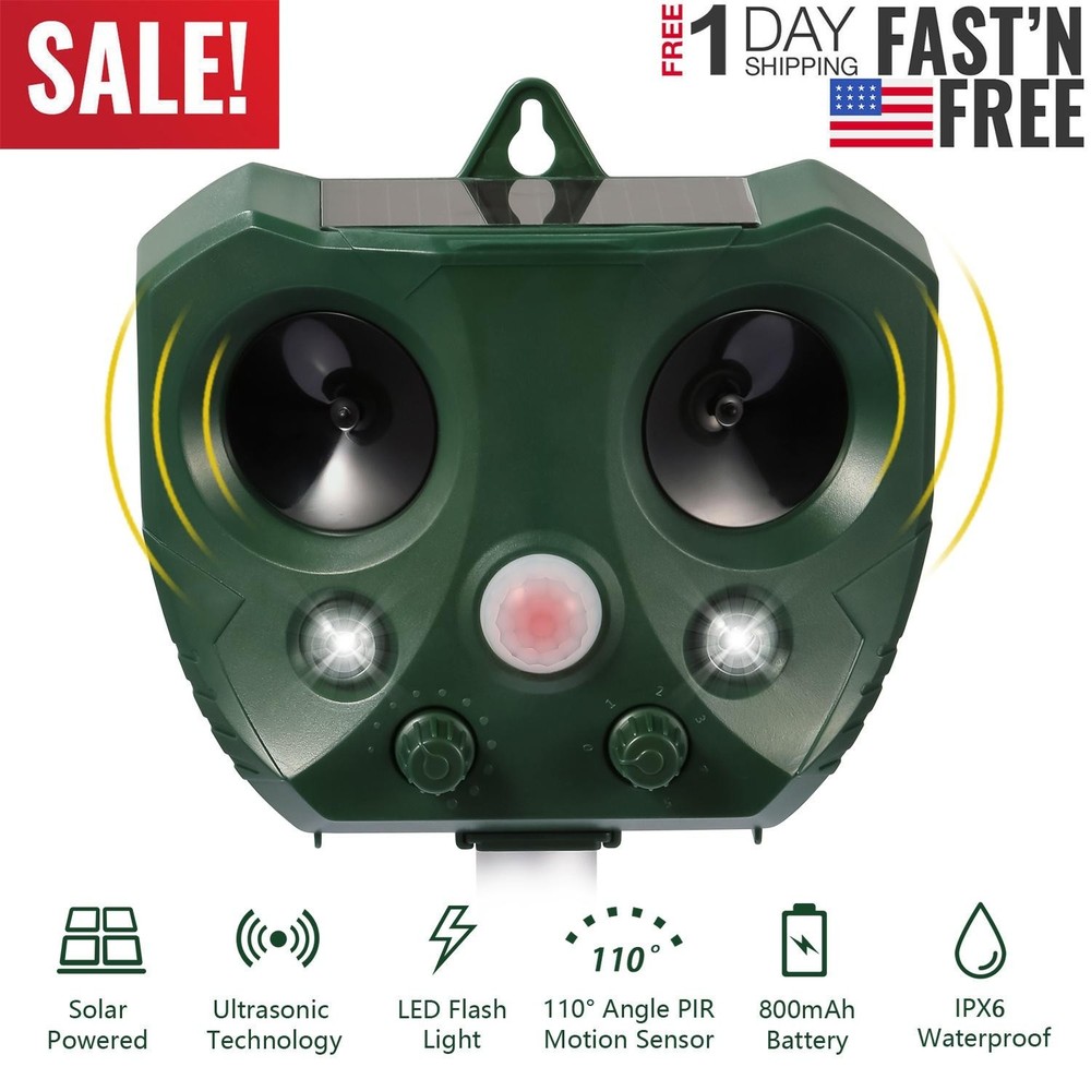 Ultrasonic Animal Repeller Solar Powered Repellent w/ Motion Sensor LED Flashing