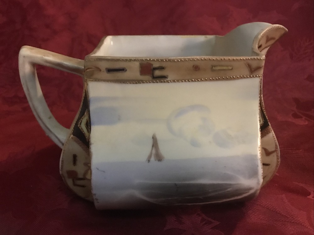 Antique Nippon Moriage Square Pitcher Inverted Corners Boat Theme