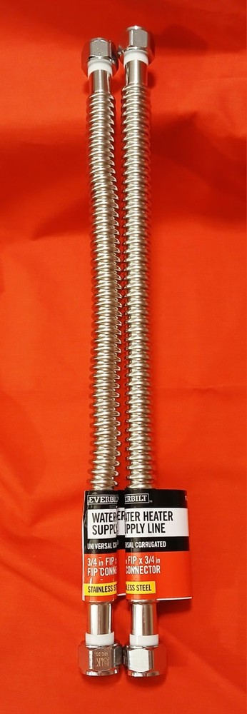 2 Everbilt 18" Water Heater Supply Lines Stainless Steel 3/4" FIP x 3/4" FIP