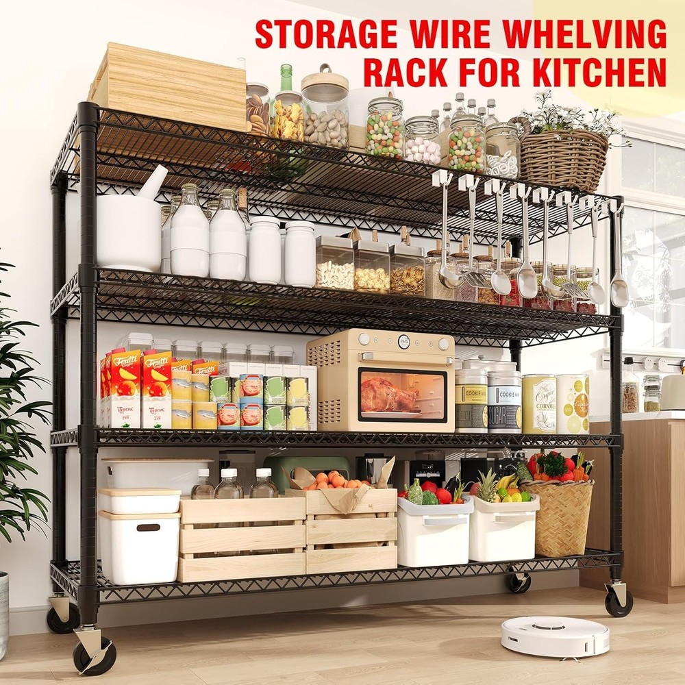 71.8" Rolling Storage Rack: 4-Tier Wire Shelves, 2640LBS Capacity Quick Assembly
