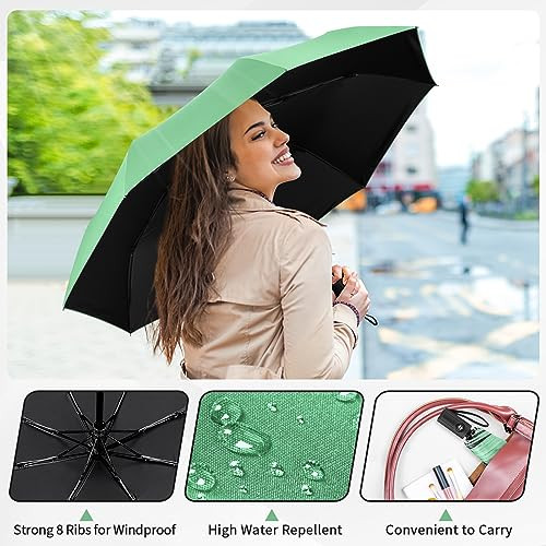 Windproof Travel Umbrella, Automatic Umbrellas for Rain, Auto-Mint Green