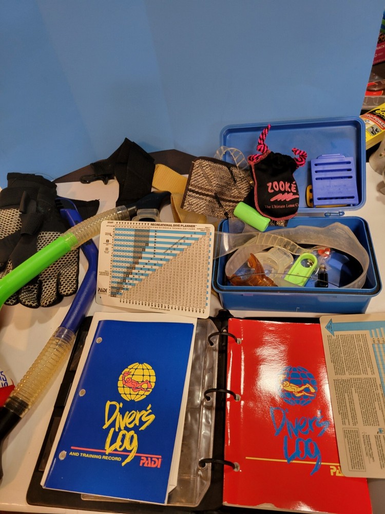 Assorted Diving Gear 2 Pair Gloves Size Medium 2 Side Draft Snorkel And More