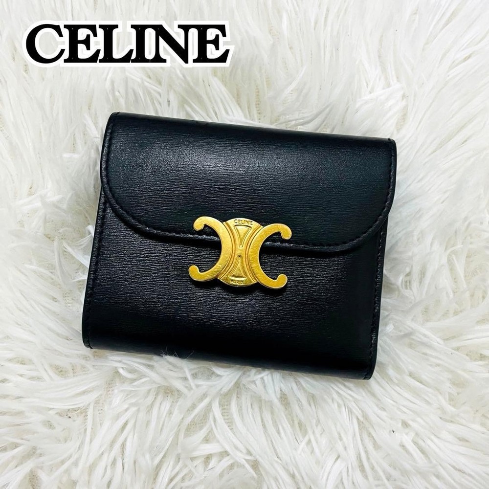 Celine Triomphe Leather Compact Wallet Black Gold