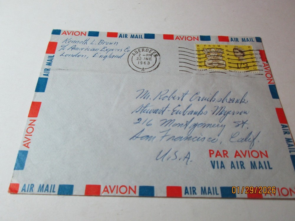 1963 AIR MAIL POST MARKED ENVELOPE "ABERDEEN".  ENGLAND.