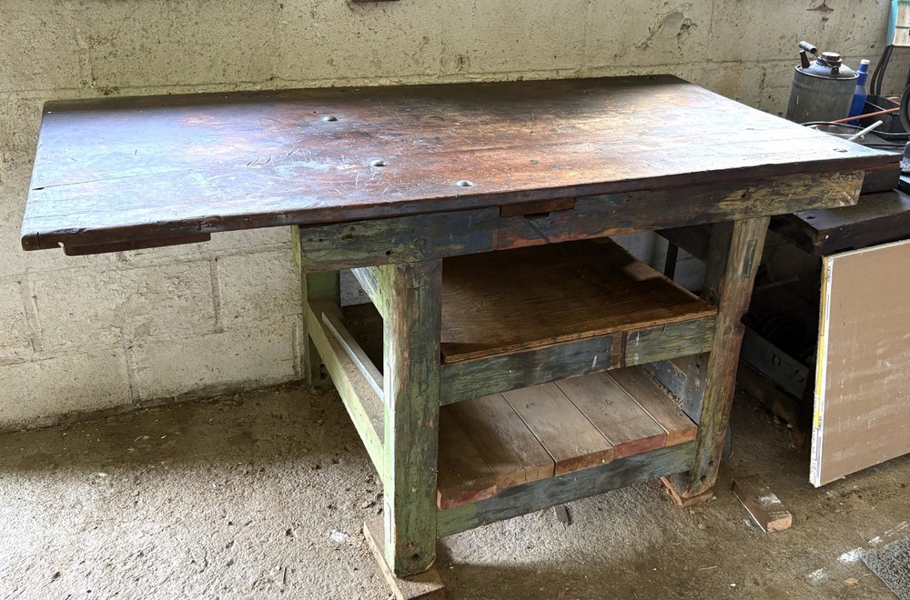 Carpenter /Mechanic work bench/table. Vintage, solid wood. 63" l