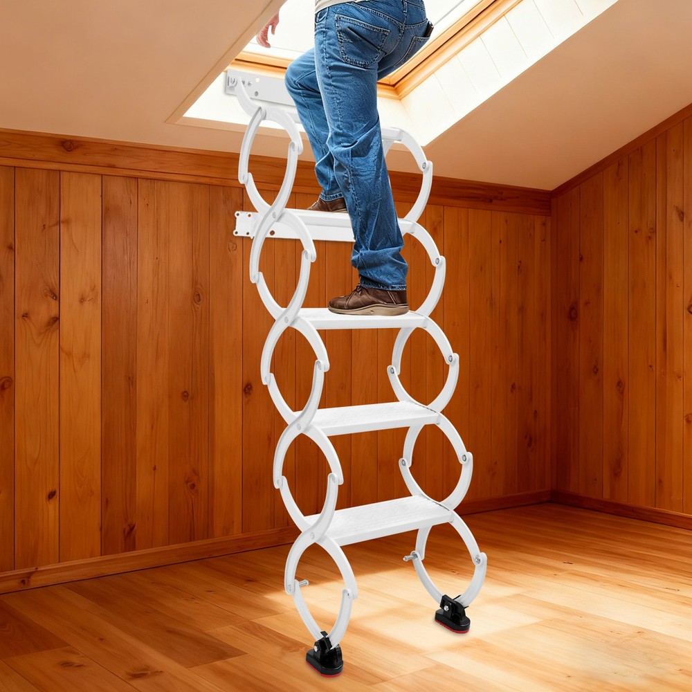 5-Step Wall Mounted Folding Ladder, White Retractable Telescoping Step Stairs