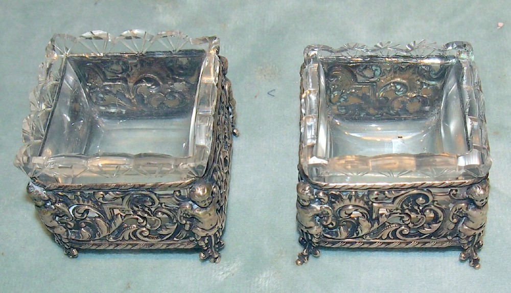PAIR SILVER 800 SALT CUPIDS WITH CRYSTAL INSERTS ENGLISH BIRMINGHAM C 1914