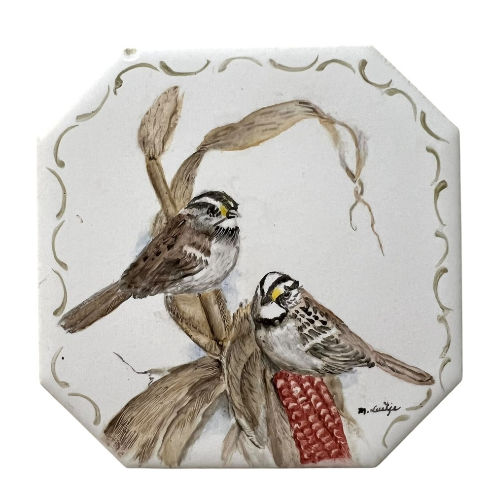 Hand Painted Ceramic Tile Coaster Birds Corn Stalk Art Octagon Cork Back 4x4