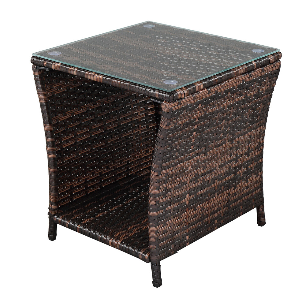 Patio Wicker Side Coffee Table Bistro Glass Table Outdoor End Table with Storage