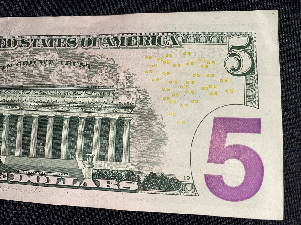 2017A $5 Bill Ink Error SeeThrough Reverse Of Note on serial number