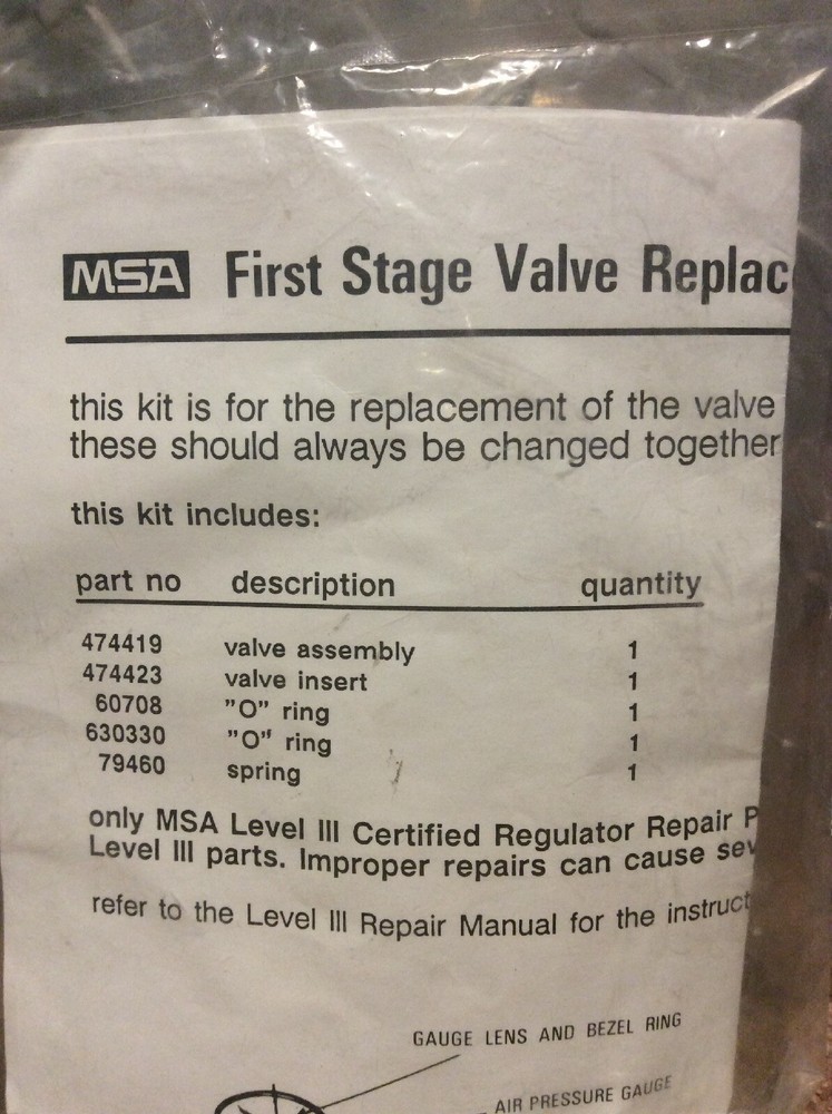 NEW MSA First Stage Valve Replacement Kit Part# 482224