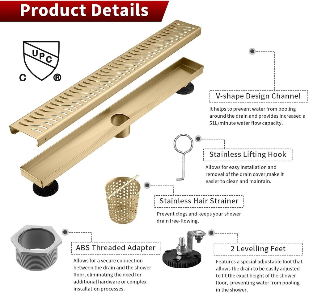 Sharp-tec 24" Linear Shower Drain Rectangle Shower Floor Drain Kit, Gold ST-103