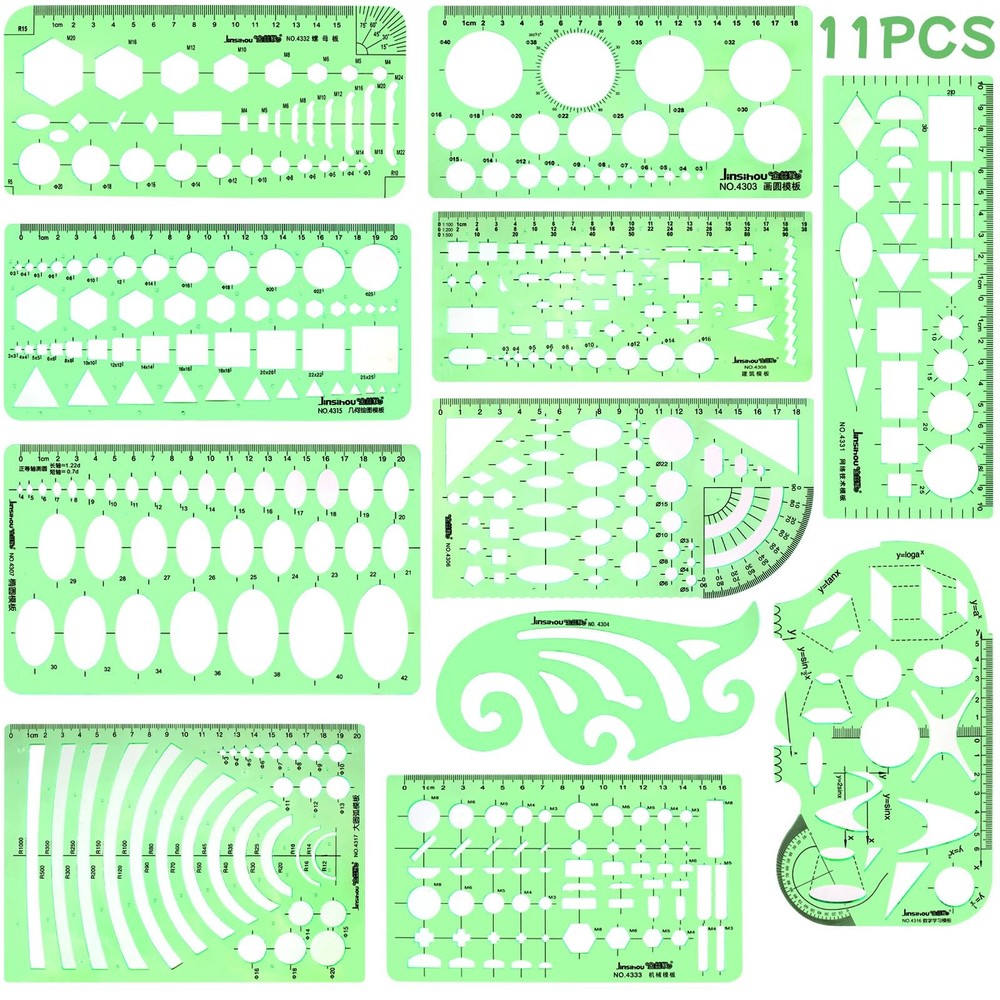 11PCS Geometric Drawings Templates, Drafting Stencils Measuring Tools, Transp...