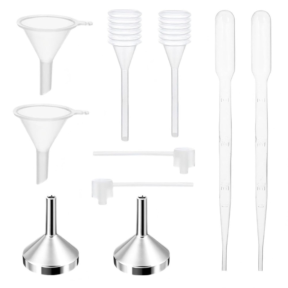 10Pcs Mini Funnels Sets, Aluminium Plastic Small Funnels with Mini Plastic Dropp
