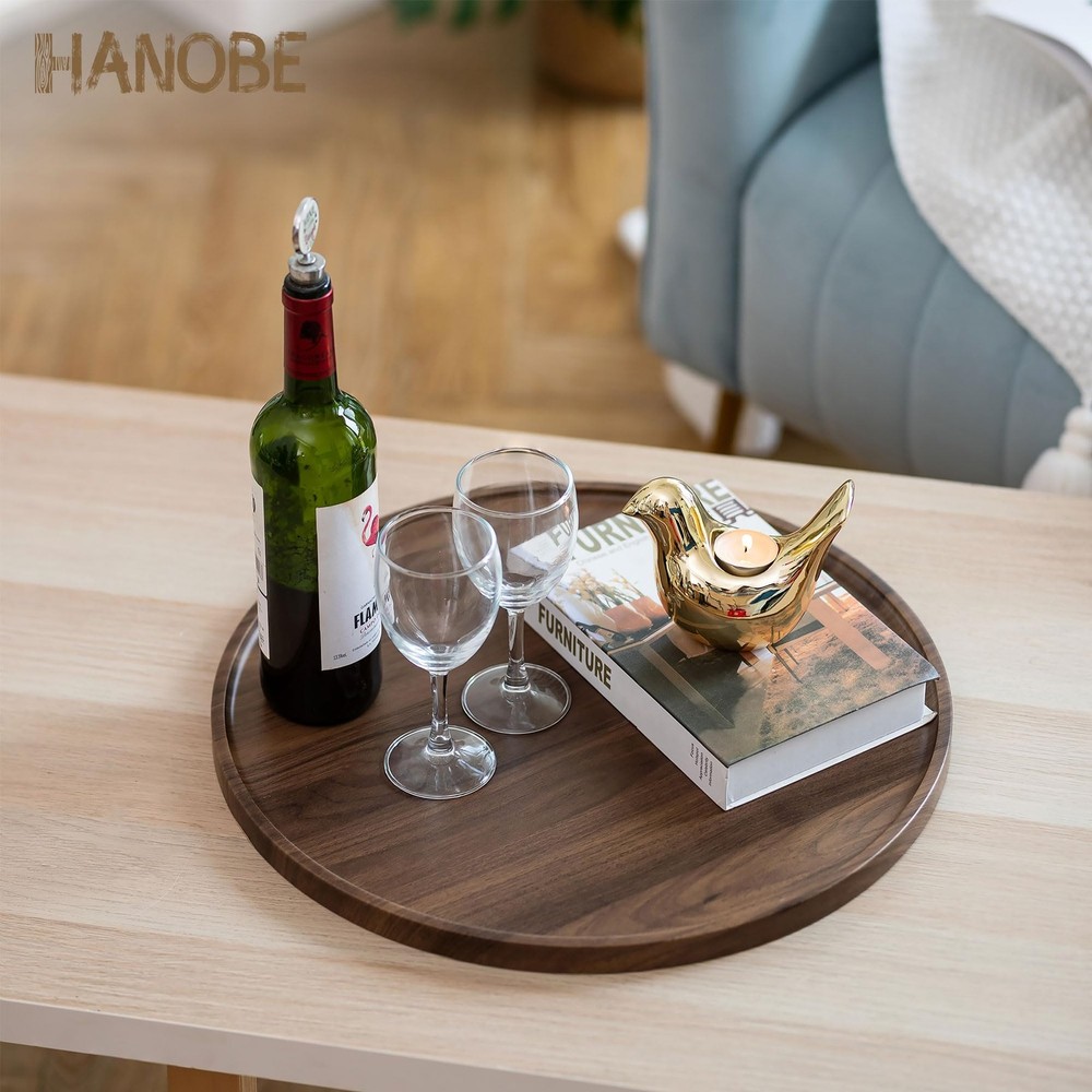 Hanobe 18" Round Wood Ottoman Serving Tray - Walnut Pattern Decorative