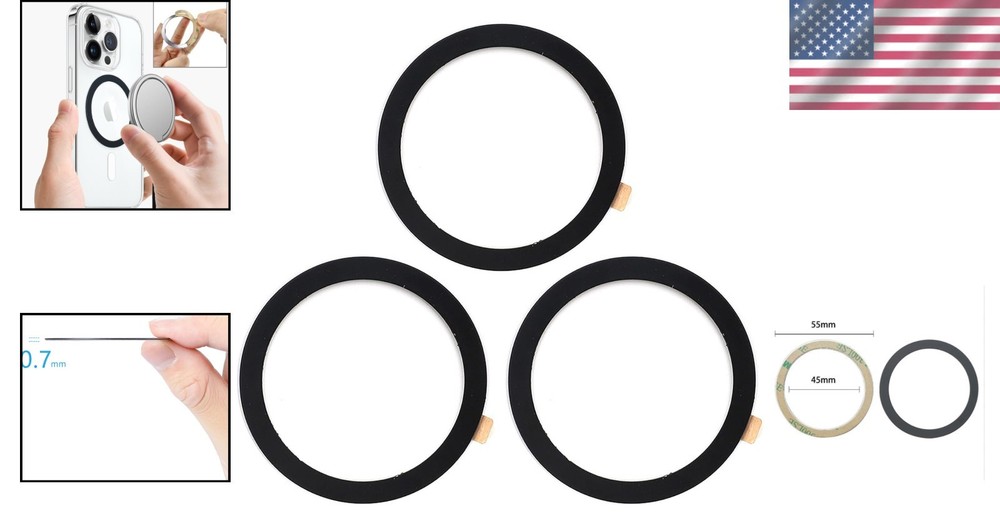 Universal Metal Ring Sticker Set for Enhanced Magnetic Charging - 3 Pcs, Black