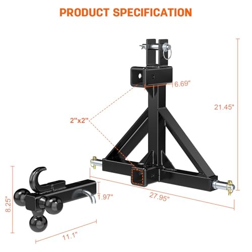 3 Point Hitch Receiver with Dual 2” Receiver–Include Ball Adapter & Hook, Black