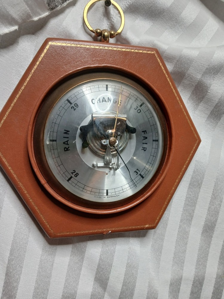 Large  Vintage German Wall Weather Forecaster Barometer BEAUTIFUL Wood Leather