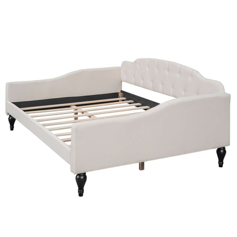 Full Size Daybed Linen Upholstered Bed Frame Sofa Bed for Bedroom Beige US