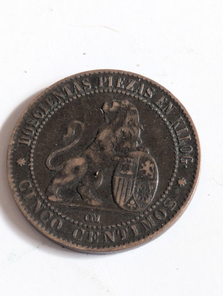 SPAIN. 5 CENTIMOS, 1870 OM Circulated