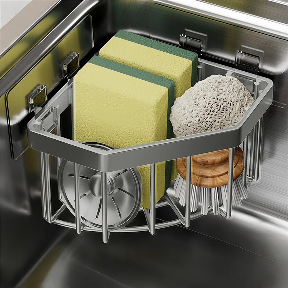 Wall Mounted Sink Caddy Organizer, Carbon Steel Kitchen Sponge Holder with 2 Adh