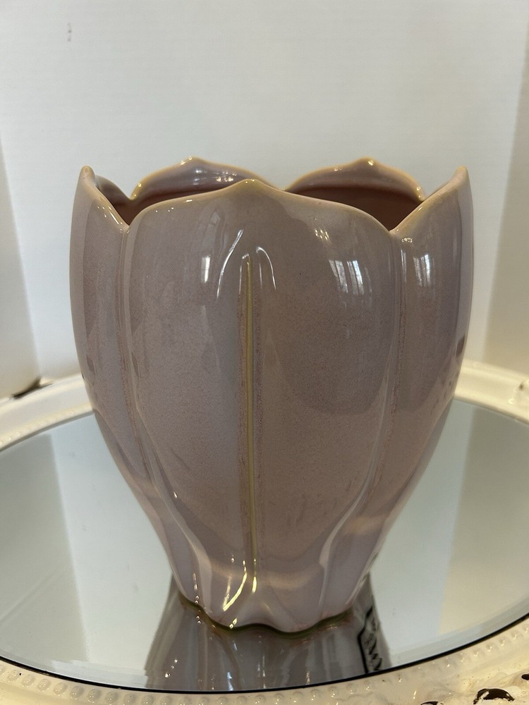 Croscill Heavy Ceramic Eggshell Pink Tulip Shaped Waste Basket READ