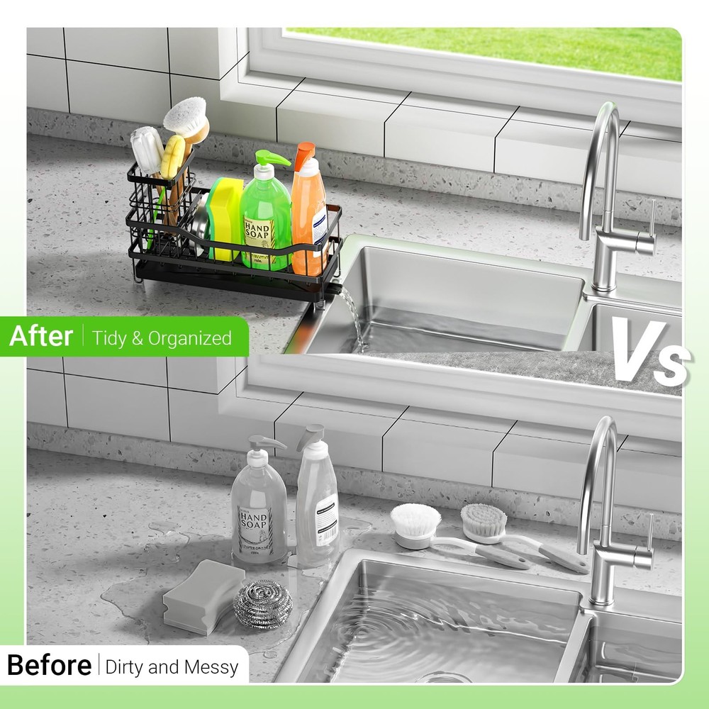 Sponge Holder for Kitchen Sink, Self-Draining Sink Caddy Organizer with Remov...