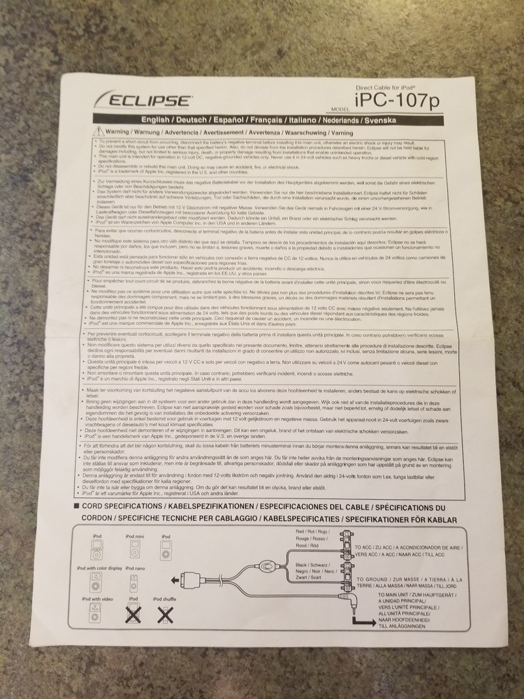 ECLIPSE Direct Cable for IPOD iPC-107P
