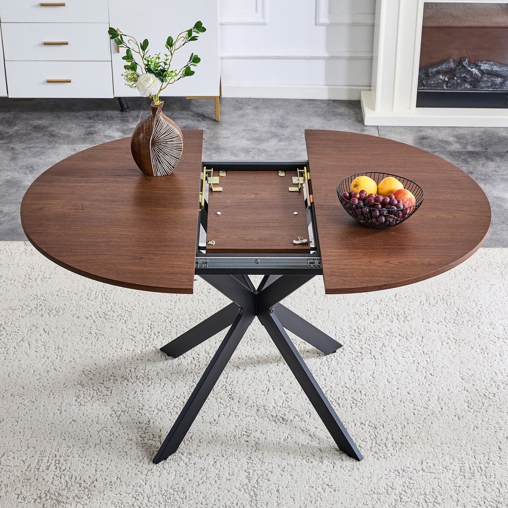 Extendable Round Dining Table - Space-Saving Dining Table with Sturdy Metal L