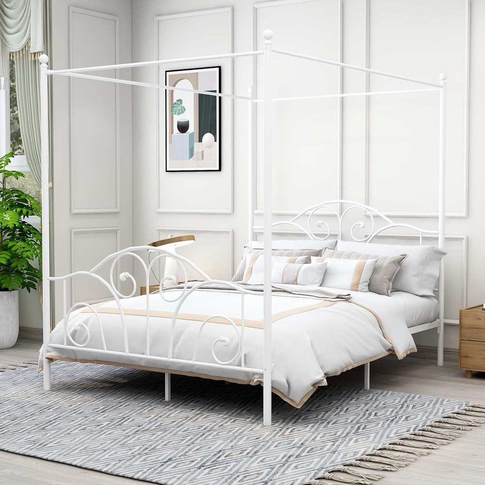 Modern Metal Canopy Bed Frame/Full Size/Headboard/Strong Steel Slat Support