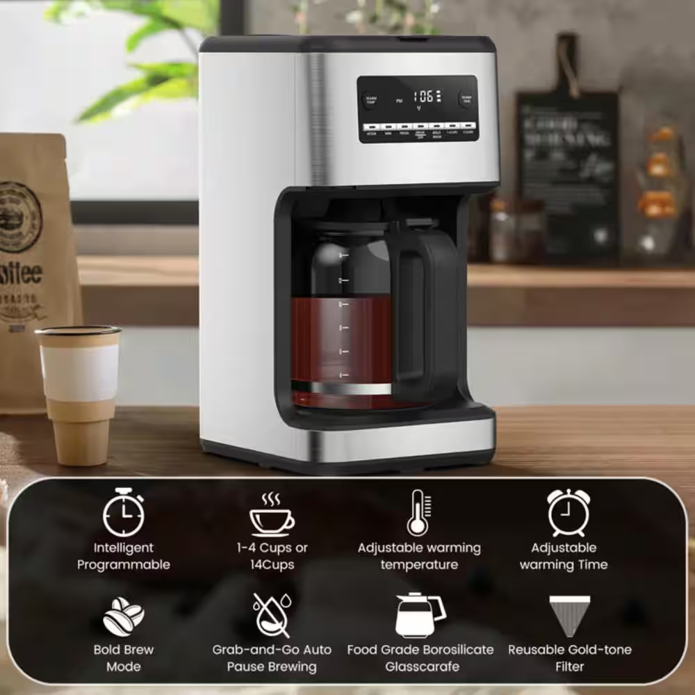 14-Cup Coffee Maker with Carafe Auto Brew Timer Stainless Silver