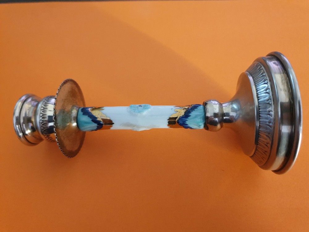 ANTIQUE STERLING SILVER HALLMARKED CANDLESTICK WITH PORCELAIN.