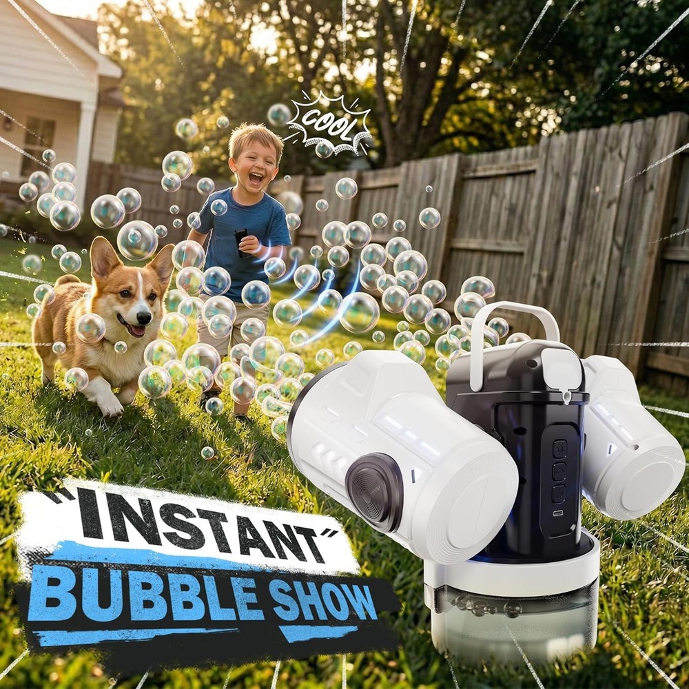 Dual-Engine Bubble Machine with RGB Lights & Remote Control, 150° Auto Rotation,