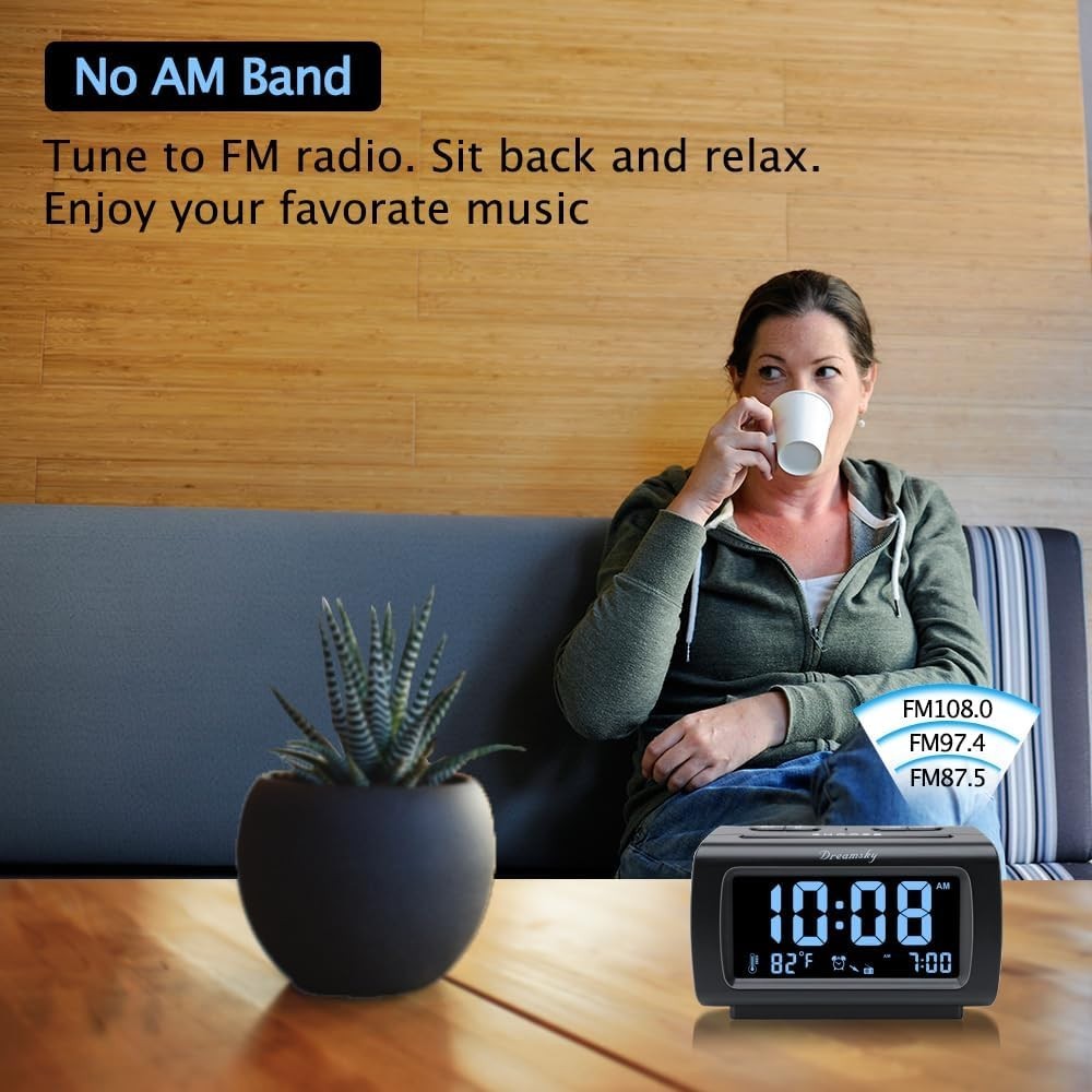 Large Display FM Alarm Clock with Adjustable Brightness & Temperature - Black