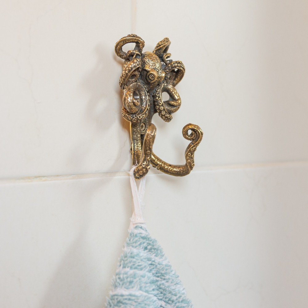 Solid Brass Octopus Double Wall Hook Handmade Nautical Animal Decor