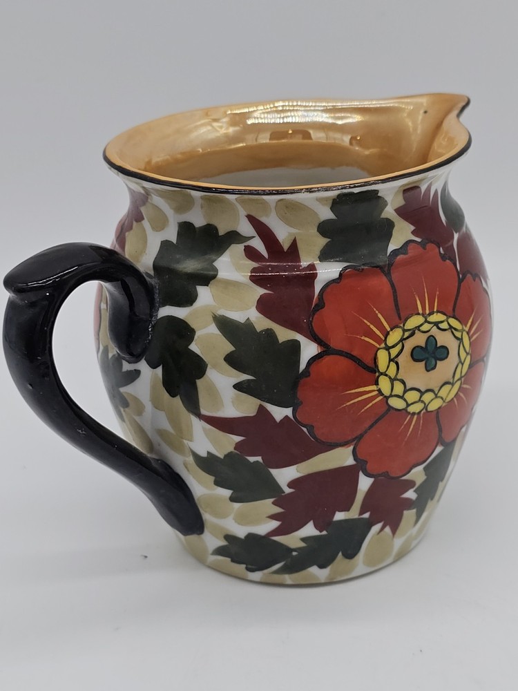 Japan Lusterware Floral Pitcher Mid Century Blue Rust Peach