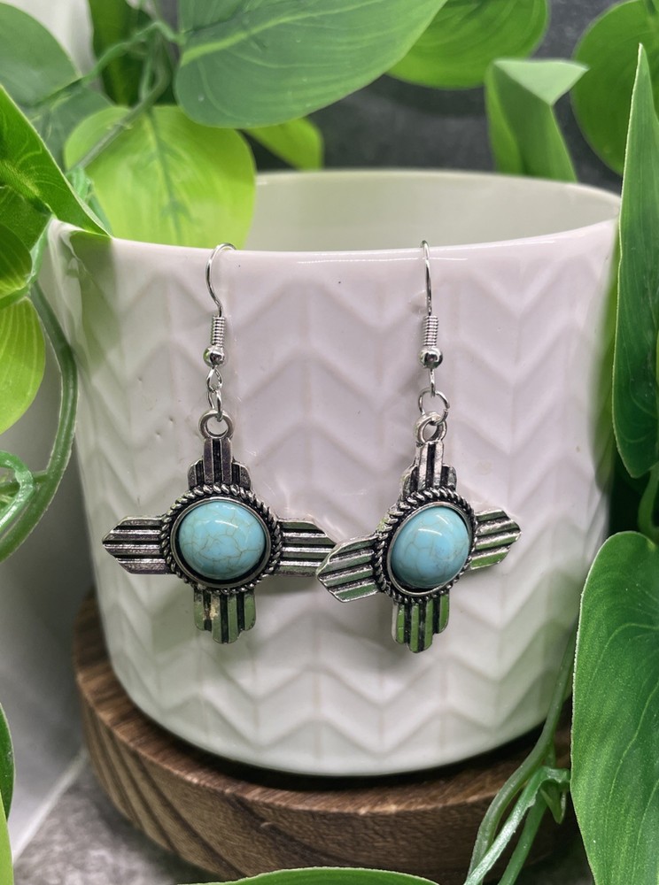 2.25” Silver-tone Turquoise Boho Drop Dangle Earring Set  New Free Ship B7759