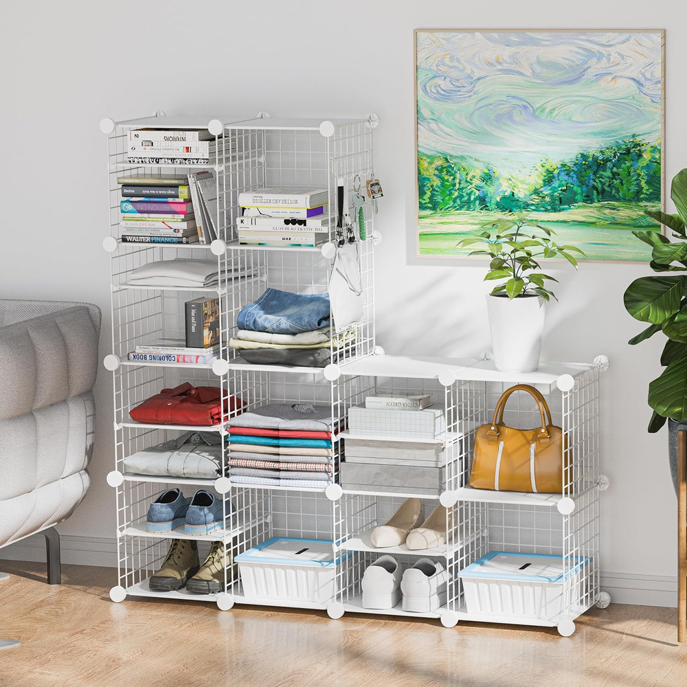Wire Cube Storage Organizer, 12 Cubes Converted into 14 Cubes, Sturdy Metal Grid