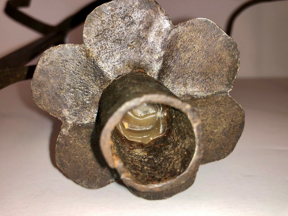 ANTIQUE EARLY WROUGHT IRON CANDLE HOLDERS.
