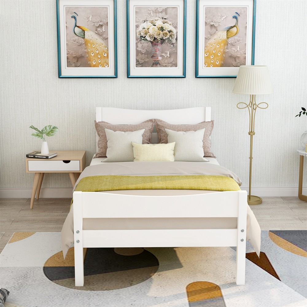 Twin Size Bed Frame Wood Platform Bed Frame with Headboard White/Walnut/Espresso