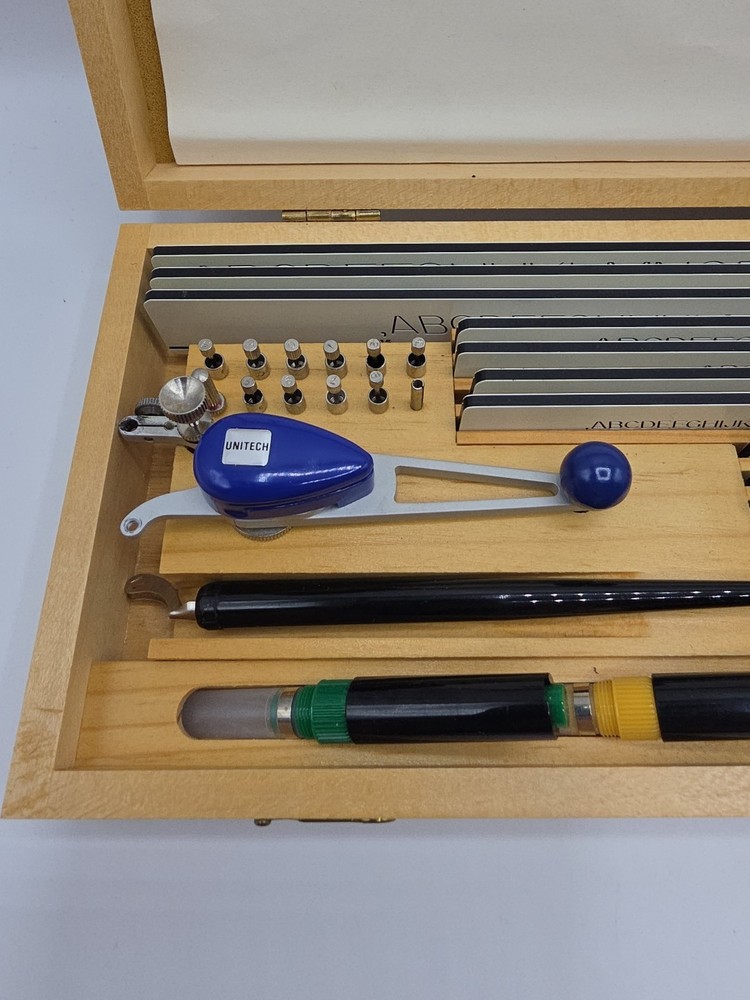 Vintage Unitech Drafting Set With Nice Wood Storage Case.