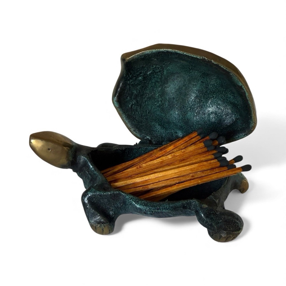 Antique Matchstick Holder Turtle Shell Verdigris Heavy Bronze