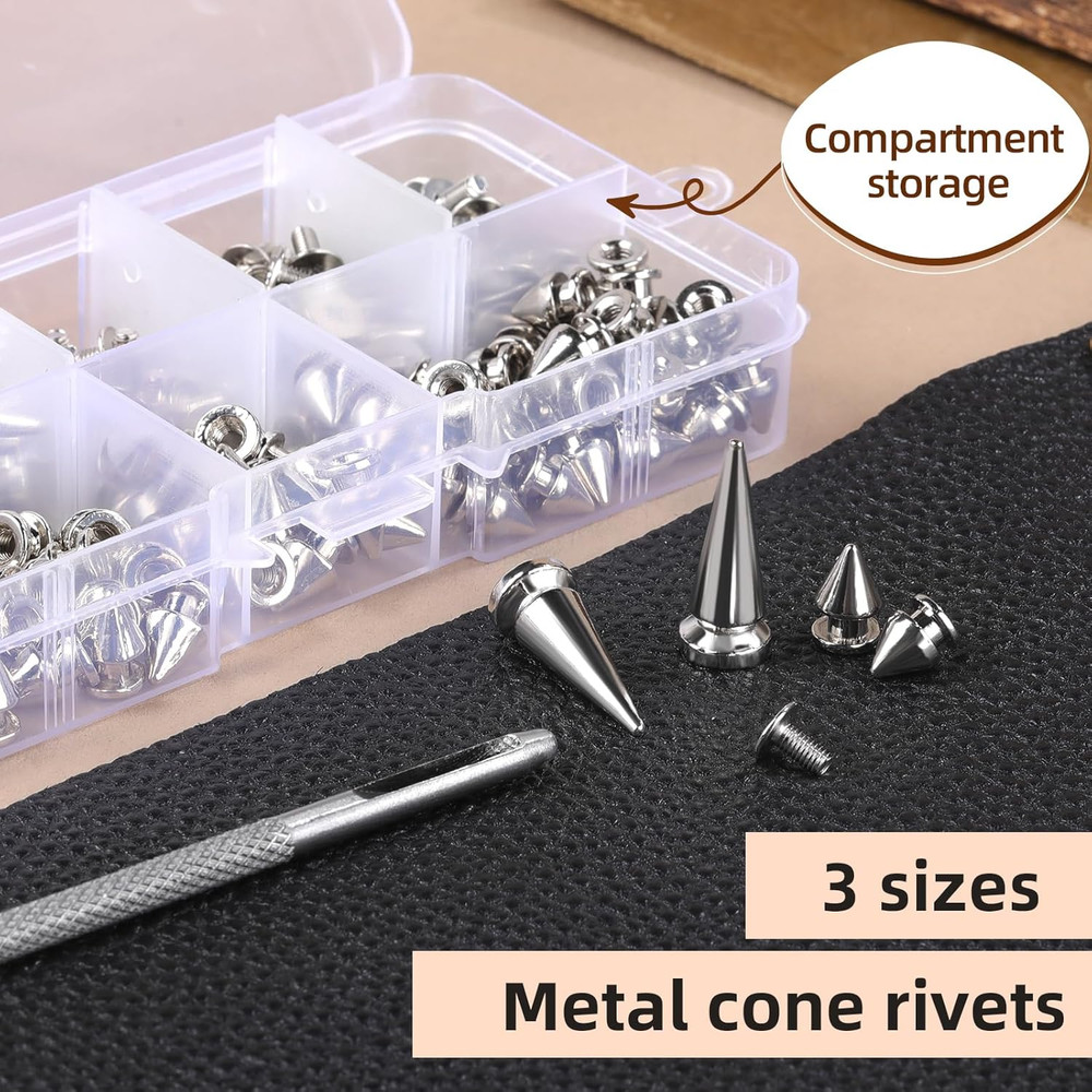 80 Pieces Multiple Sizes Cone Spikes, Screwback Studs Rivets, 3 Sizes Metal Tree